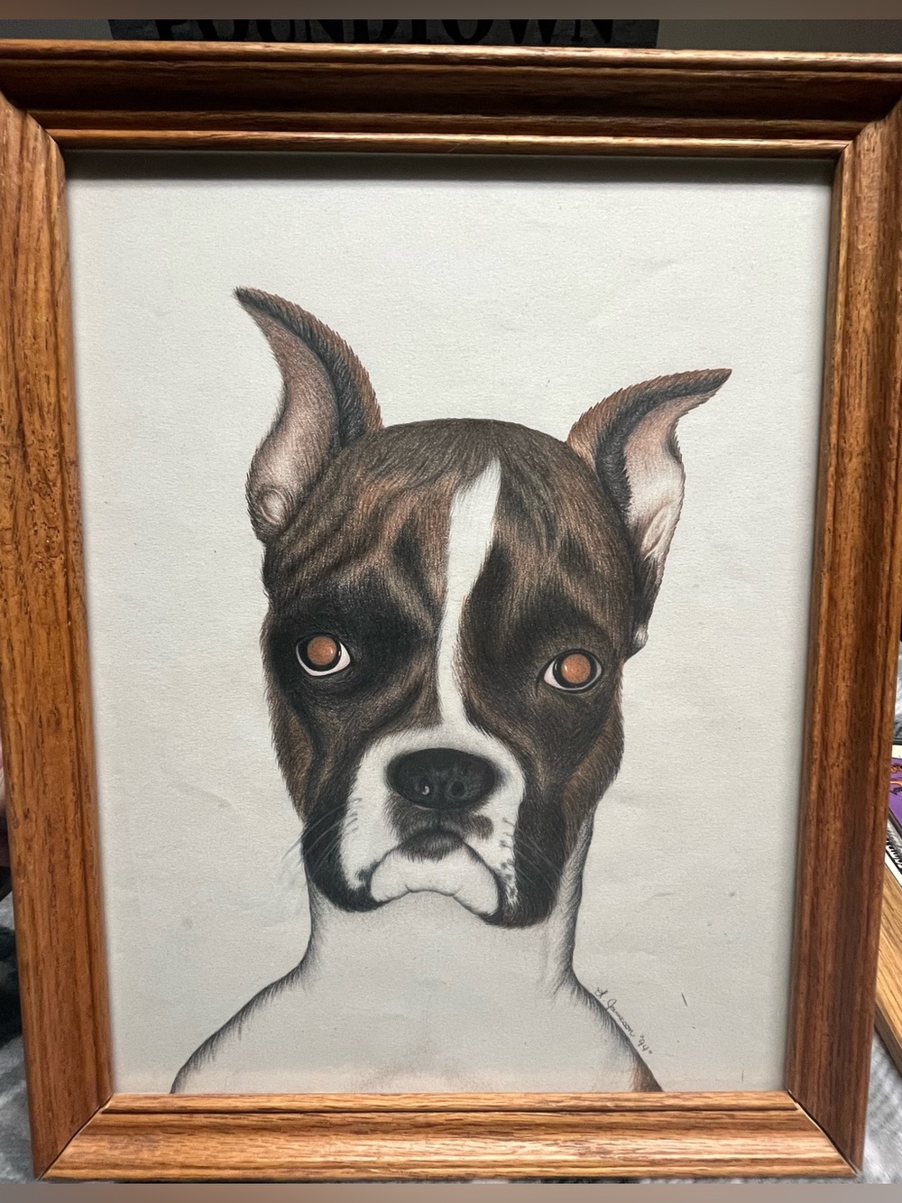 Vintage 1994 Signed Boxer Dog Portrait Drawing In A 10x13 Solid Oak Wood Frame